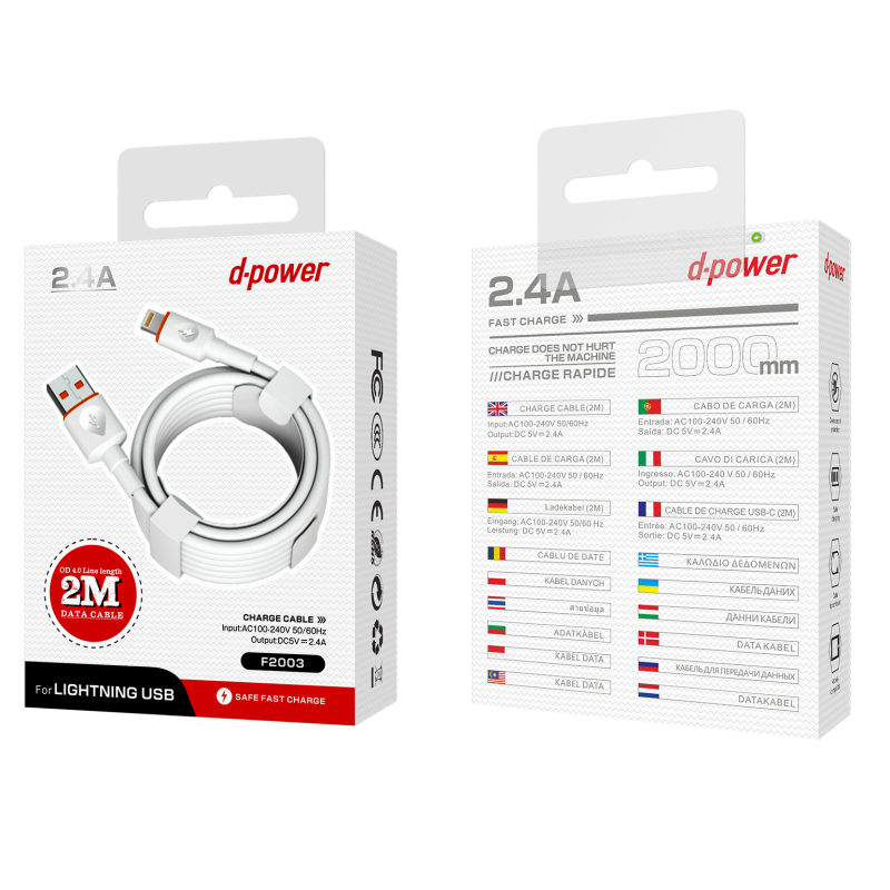 D-Power – F2003B – Câble iPhone Lightning USB (2m) Blanc